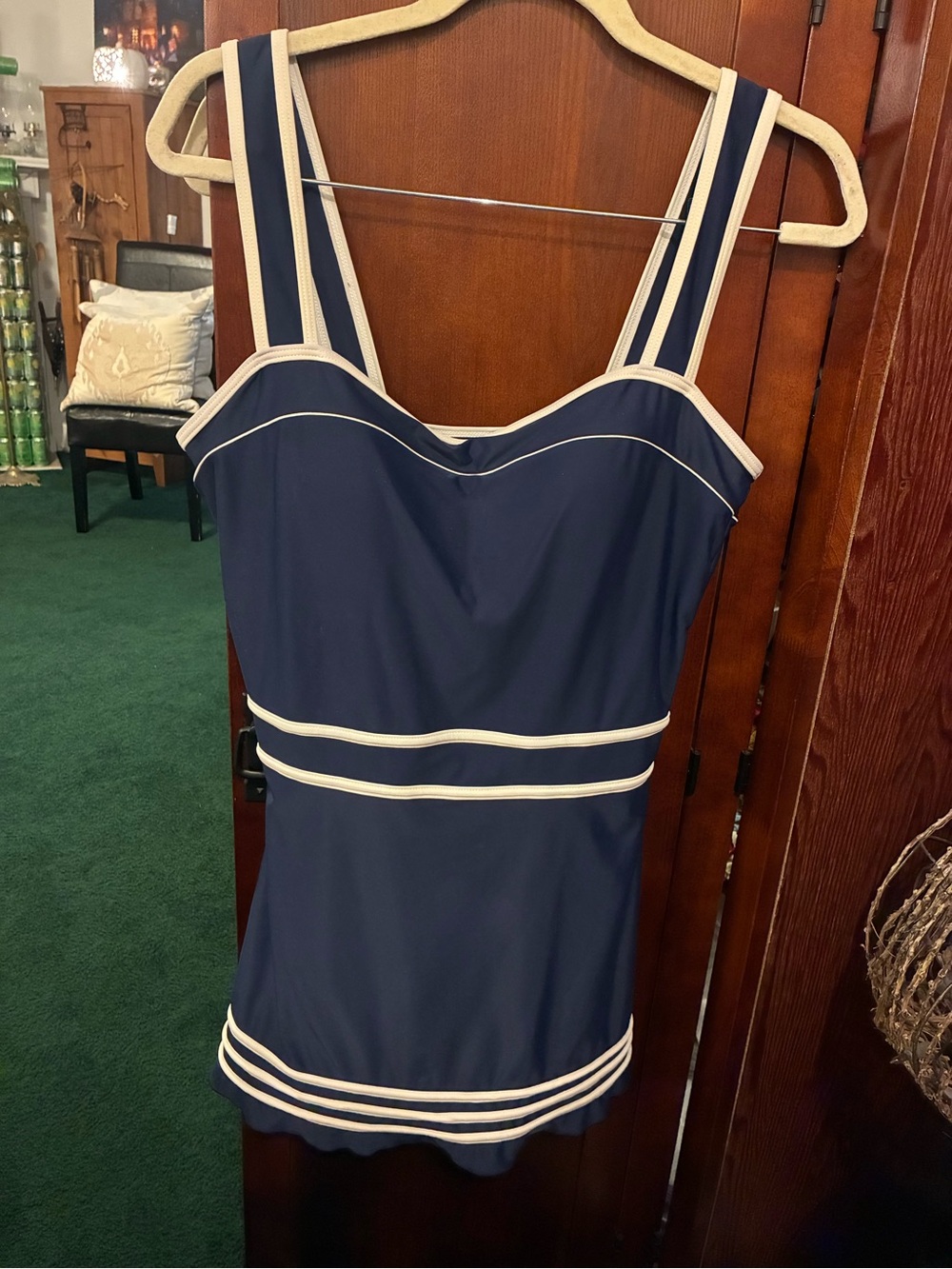 Women’s 14 Shore Shapes Dark Navy With White Stripes One Piece Dress Swimsuit